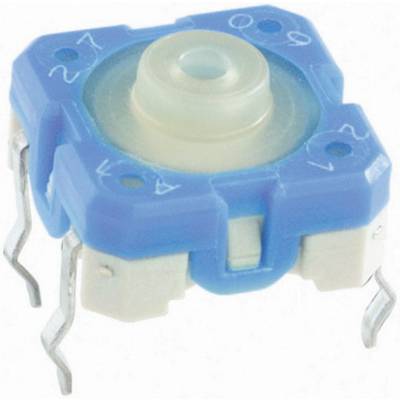 A blue button with four metal legs, suitable for electronic devices. The top features a round white cap.