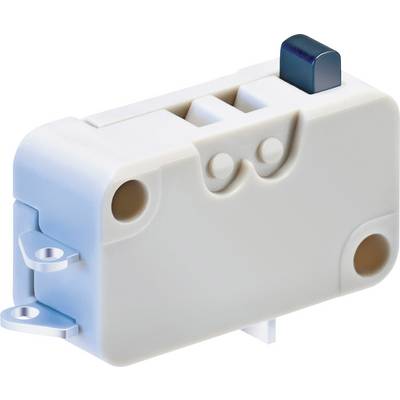 A small, white microswitch with a blue button and two mounting screw holes on the left.