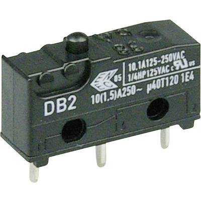 Small black micro switch with three metal pins at the bottom, labelled 'DB2', rated for 10A 125-250VAC on the housing.