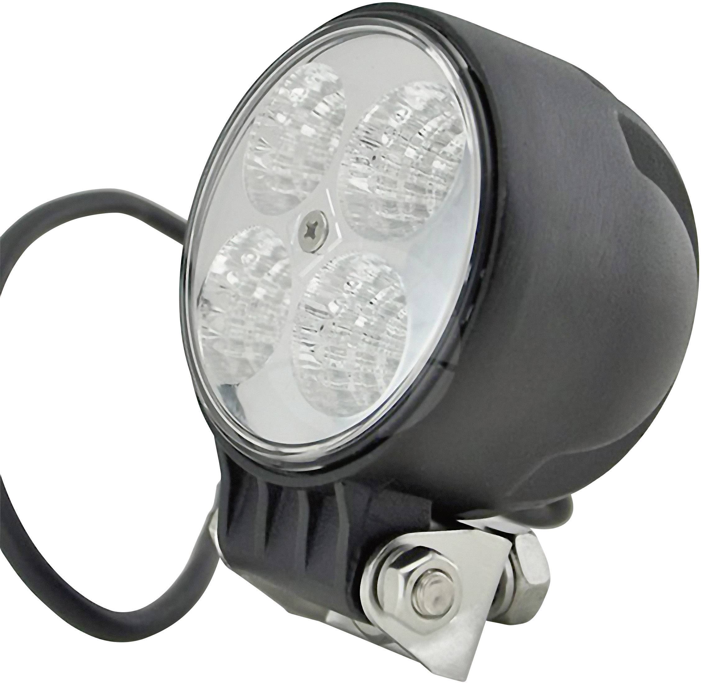 Round LED headlight with four lenses, black housing and metal mounting bracket, shown from the side. Cable protruding from the rear.