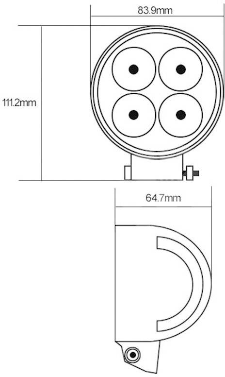 Round light with four lenses. Top: Front view (83.9 mm width, 111.2 mm height), bottom: Side view (64.7 mm depth). Technical drawing.
