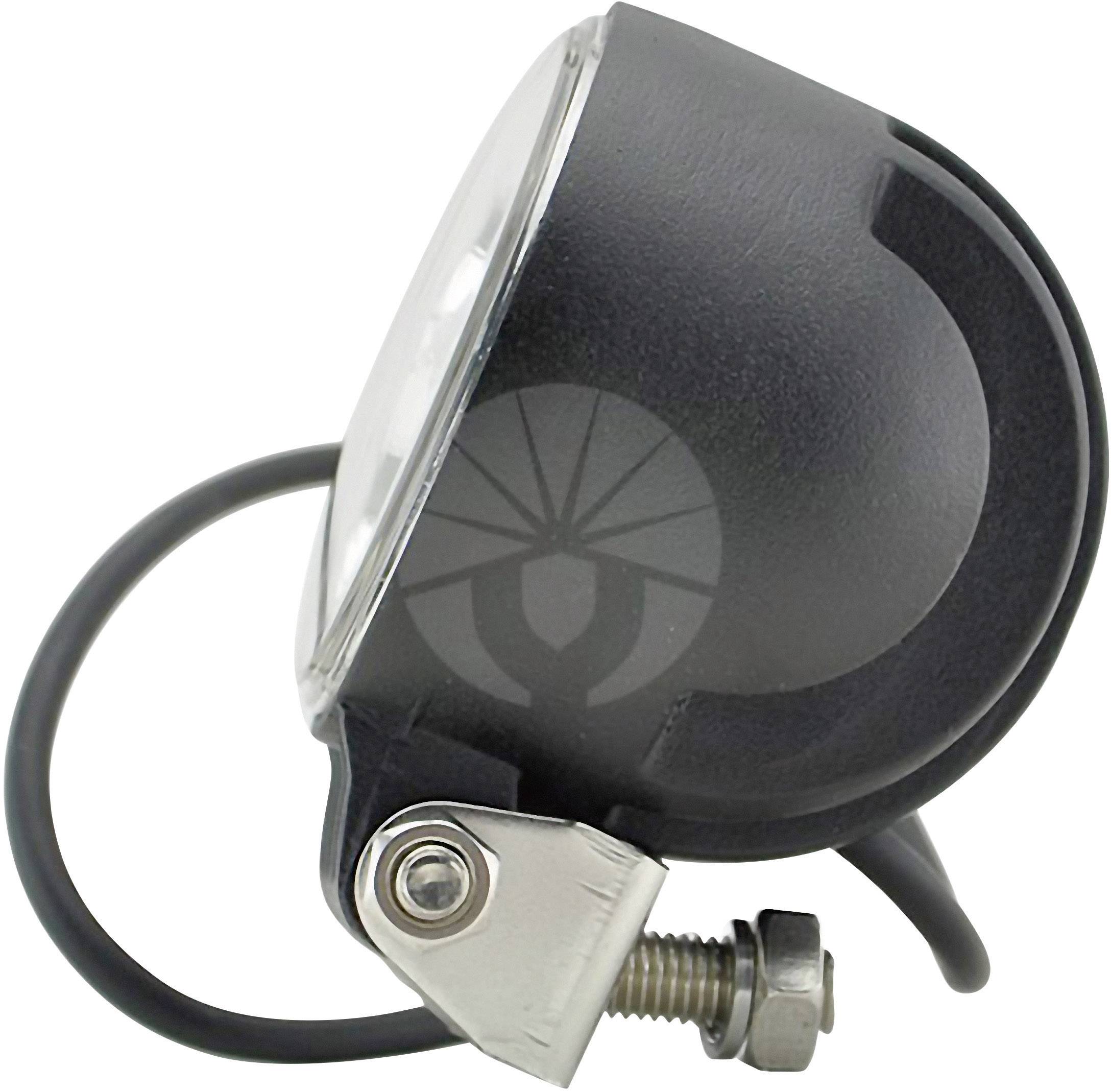 A side-mounted black bicycle headlight with cable and mounting screw; light beam motif on the casing.