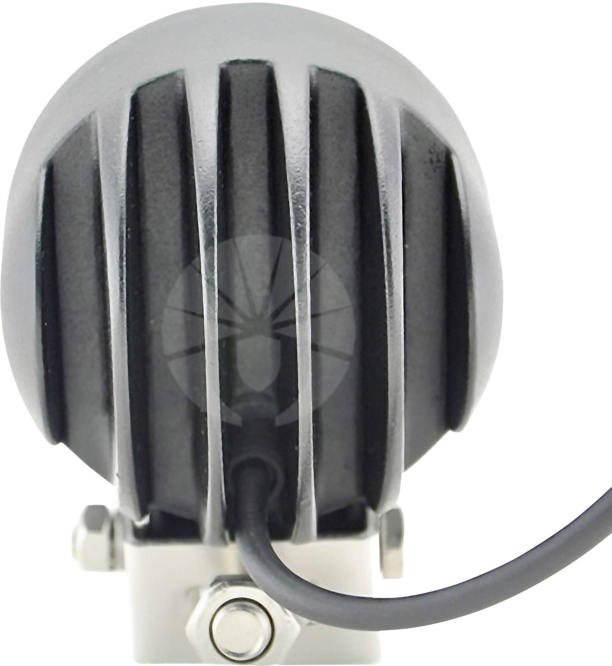 Rear view of a round headlight mounted on a bracket, with connecting cable visible. Housing with ribbed structure.