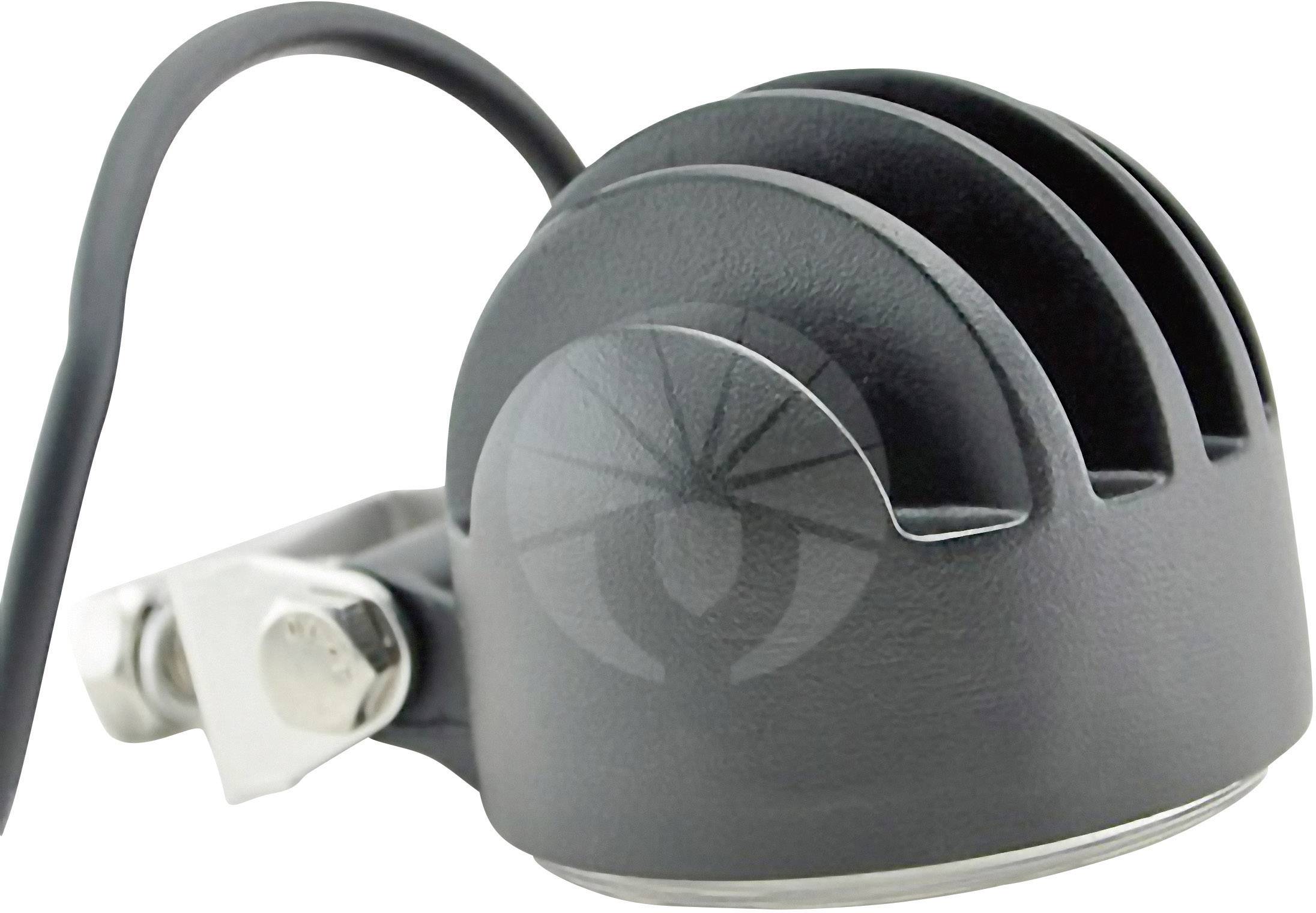 A round, black LED light with a heat sink, mounted on a metal bracket, identifiable by the cable connection on the left.