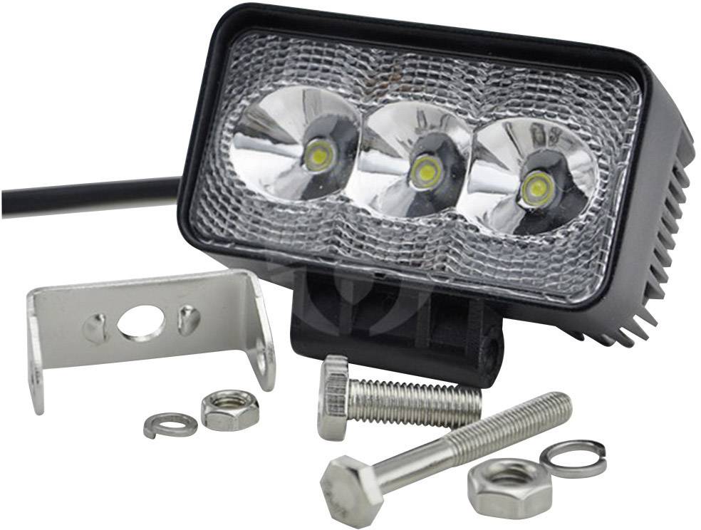 Rectangular LED light with three luminaires. Alongside it are a mounting bracket, screws, and nuts for installation.