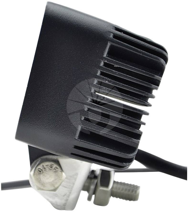 Side close-up view of a black, ribbed LED light, mounted on a metal bracket with a visible screw.