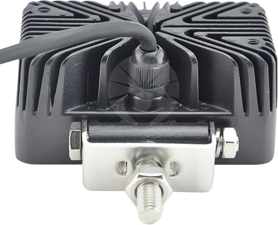 A black heatsink enclosure with cooling fins and a cable connection on the top surface; with a mounting screw underneath.