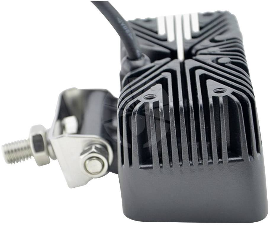 Black LED work light with cooling fins and metal mounting bracket. Cable emerges from the top of the lamp.