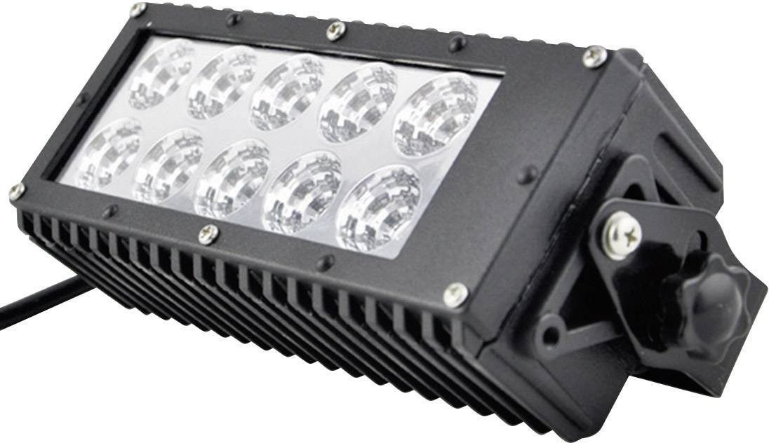 A rectangular LED floodlight with ten round lenses, black housing and a mounting bracket, cable at the side.