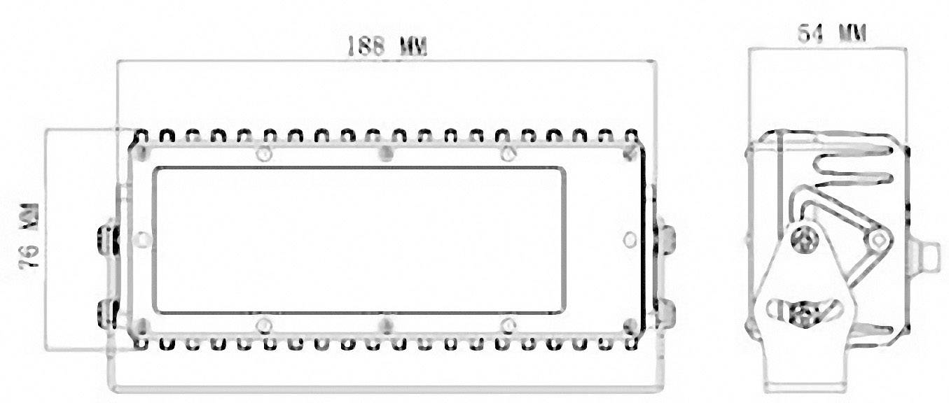 Technical drawing of a rectangular enclosure: Dimensions 188 mm x 76 mm x 54 mm. Detailed front and side view.
