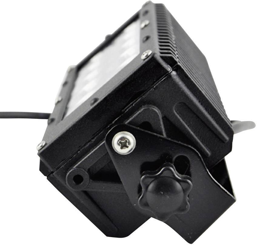Black LED floodlight with adjustable mount, shown from the side. Suitable for outdoor lighting. Cable connection visible.