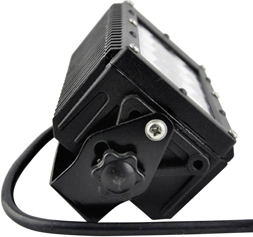 Black LED floodlight with mounting bracket, shown from the side. It has a power cable. Suitable for outdoor lighting.