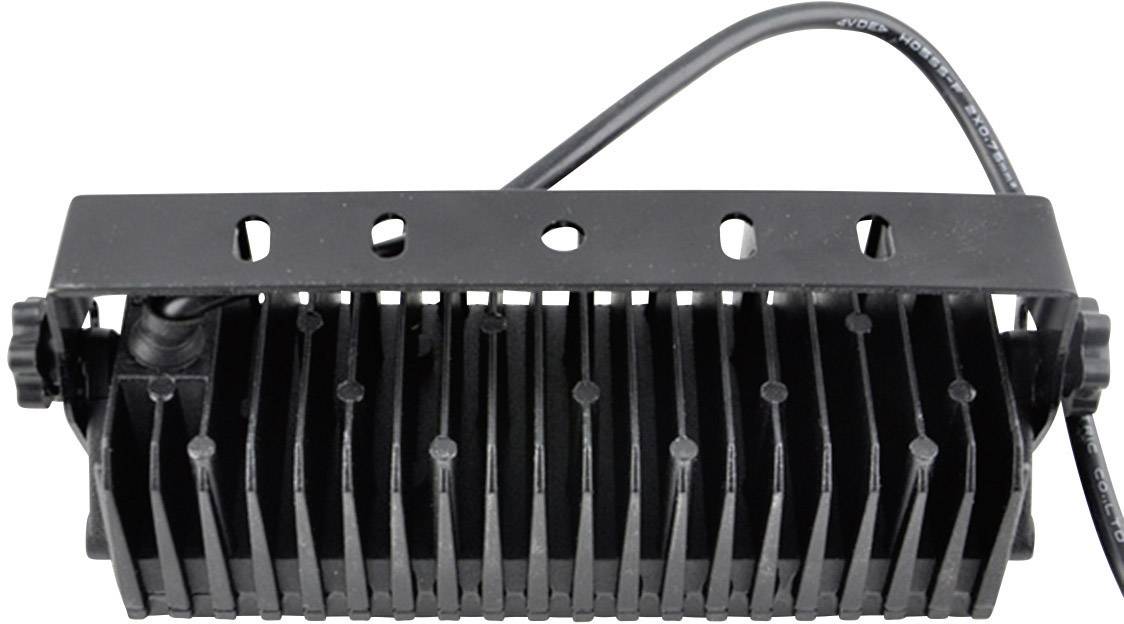 A black, rectangular device with cooling fins and a cable, likely a technical component or LED floodlight.