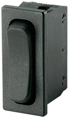 Black rocker switch in rectangular housing, suitable for electronic devices.