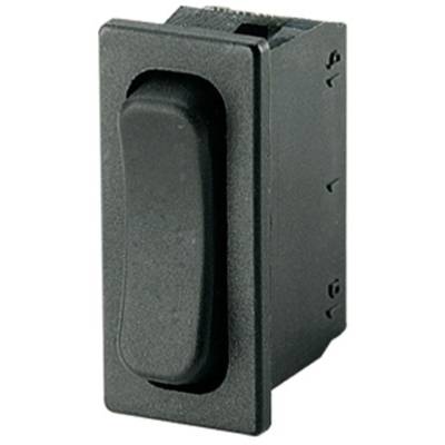 Black rocker switch in rectangular housing, suitable for electronic devices.