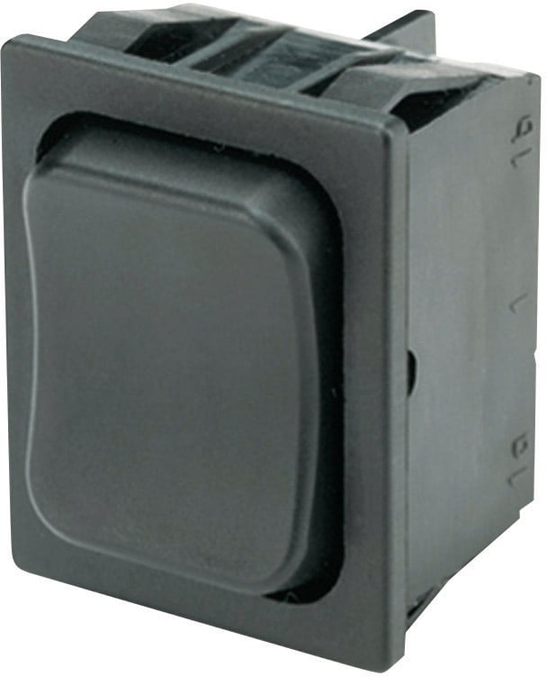Black rectangular rocker switch, suitable for controlling electrical devices.