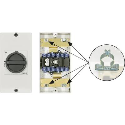 A switch on the left side and an open switch box in the centre with metal contacts and blue wire terminals; on the right, an enlarged image of a metal clip detail.