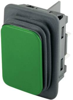 A rectangular, green push switch on a black housing, suitable for electronic devices and technical applications.
