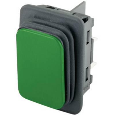 A rectangular, green push switch on a black housing, suitable for electronic devices and technical applications.