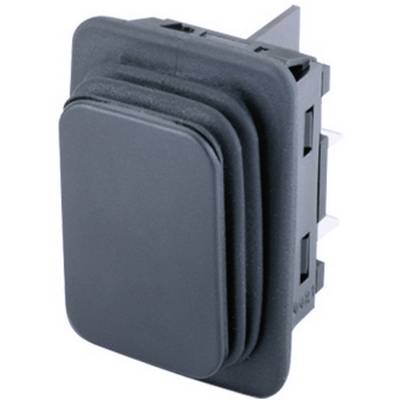 Black toggle switch with a rectangular housing and multiple connection pins on the rear, suitable for electronic devices.