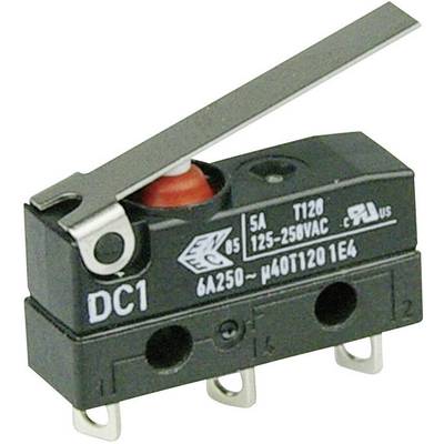 A black micro switch with a lever, red button and three terminal connections. Labelled with technical specifications.