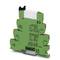 A green electronic relay module with multiple terminals, manufacturer brand 'Phoenix Contact' and function labels.