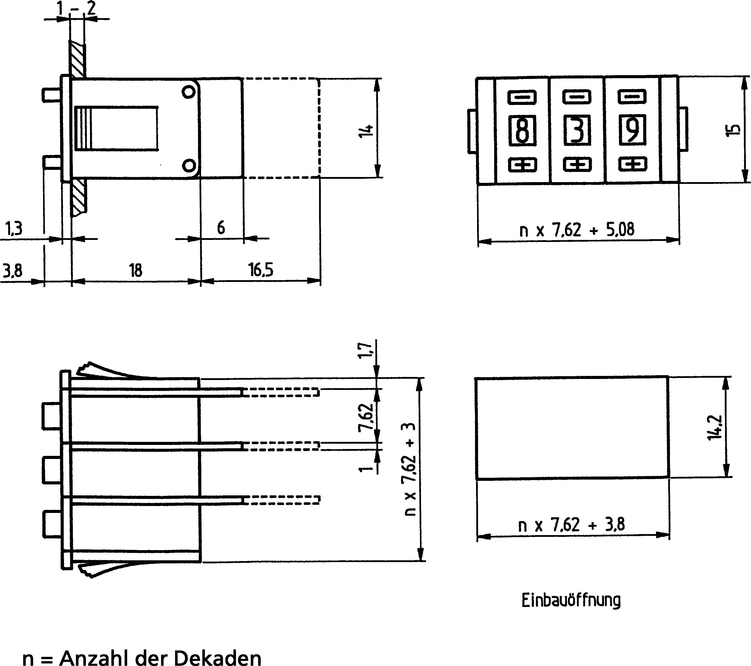 Technical drawing of an electrical component with dimensions and connection points. Includes number wheels 0-9.