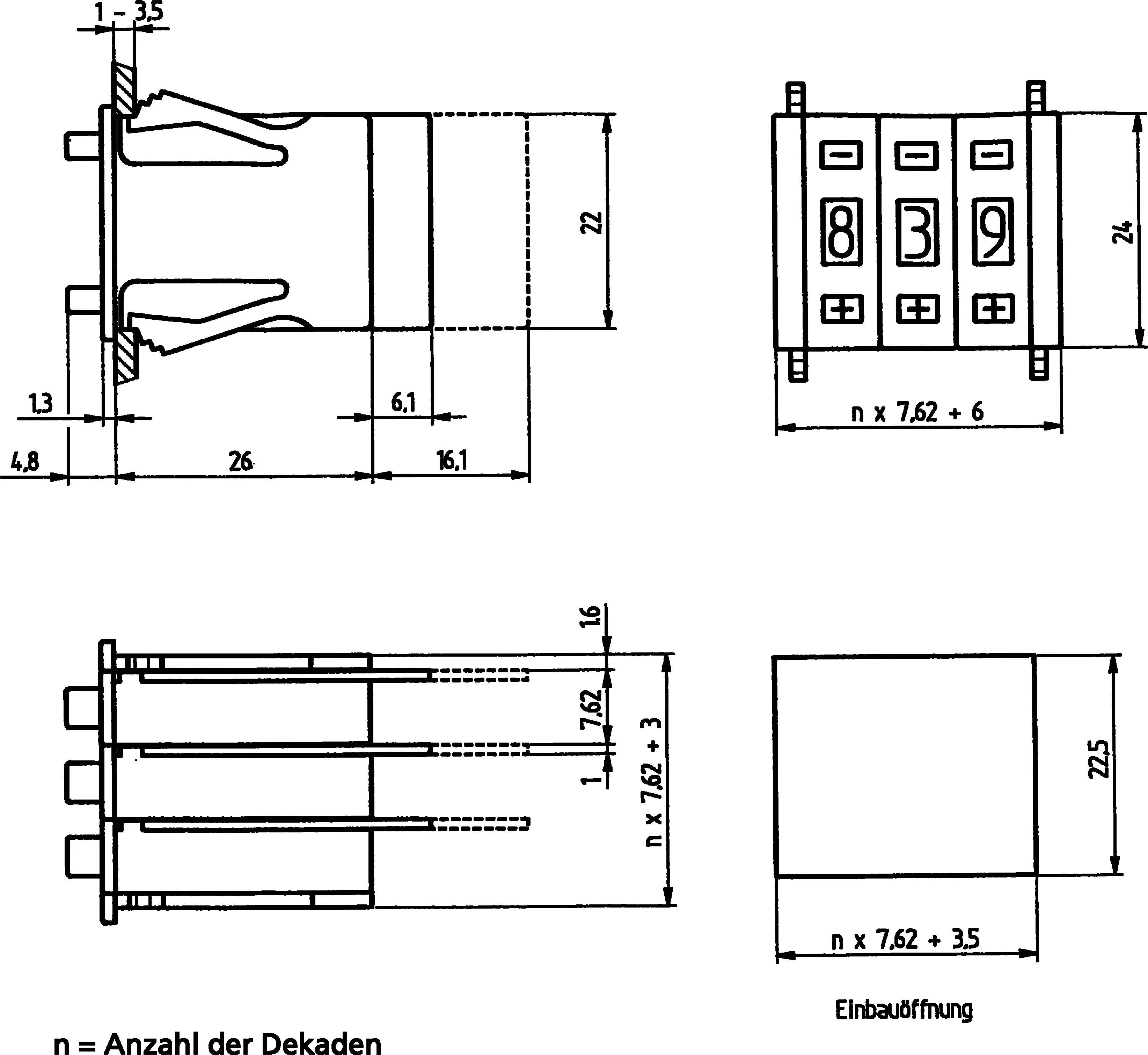 Technical drawing of a rotary switch with three views: side view, front view with numbers '839', top view, with dimensions.