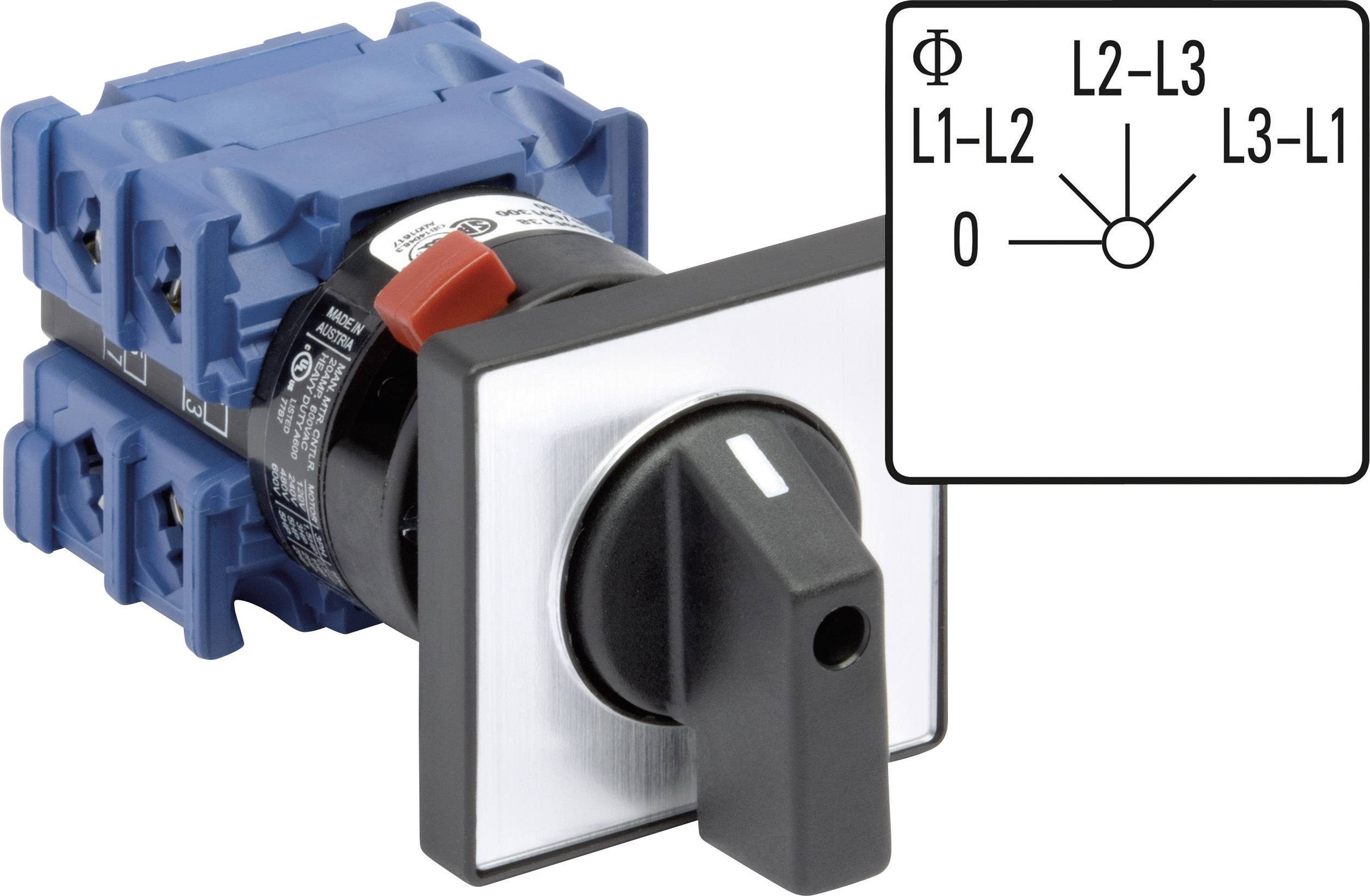A rotary switch with multiple apertures. To the right, a circuit diagram showing the terminal connections: L1-L2, L2-L3, L3-L1, 0.