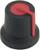 A black rotary knob with a red marking stripe, commonly used for controlling volume or settings on devices.