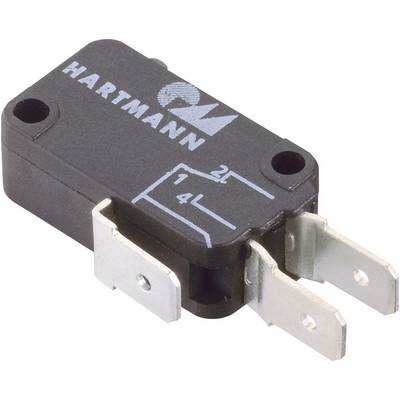 'Close-up of a black micro-switch by Hartmann with two metal connections and embedded circuit diagrams.'