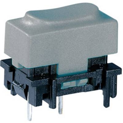 A rectangular, grey tactile switch with two metal pins underneath, for use in electronic devices.