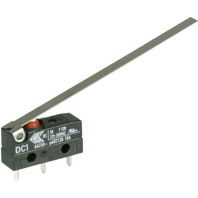 Micro-switch with long lever, three terminals and marking 'DC1 6A 250V'. Suitable for electrical device control.