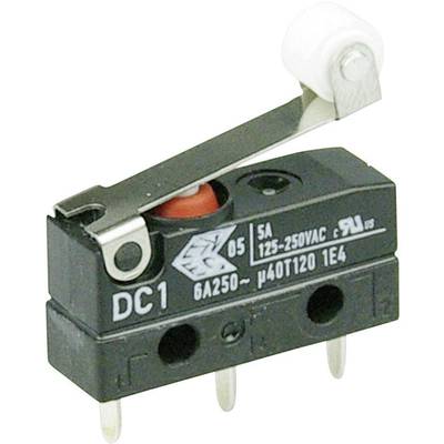 A micro switch with lever arm and wheel. Marking shows specifications: '5A 125-250VAC', 'DC1', '6A250~'. Three connection pins at the bottom.