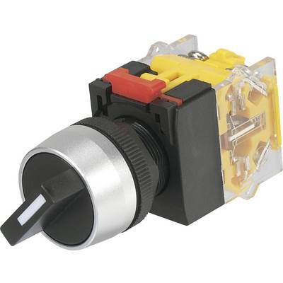 Industrial switch with a silver-black rotary knob, red and yellow plastic casing, indicating the on-off functionality.