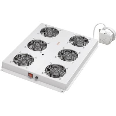 A rectangular cooling system with six circular fans, a thermostat and a red power switch, for temperature control.