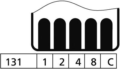 A stylised toothbrush with five bristles over the numbers '131, 1, 2, 4, 8' and a letter 'C'.