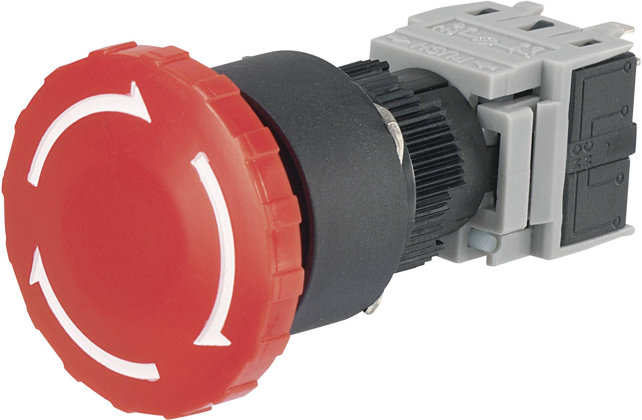 Red emergency stop switch with white arrows on the top surface. It is used to immediately interrupt the electrical circuit in emergency situations.