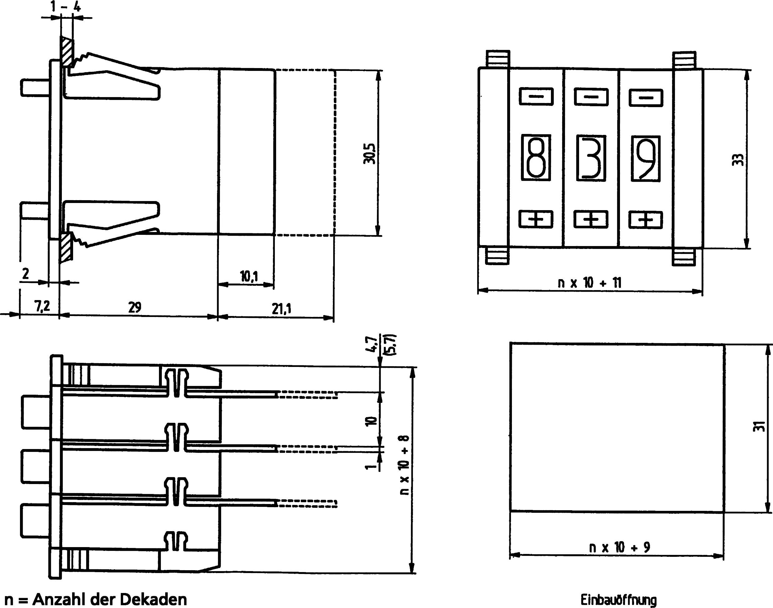 Technical drawing of a circuit diagram with number rolls from 0-9. Dimensions and labels for installation are provided.