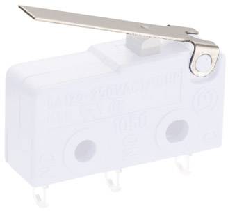 Metal switch with a long lever tongue, suitable for electrical control and mechanical operation.