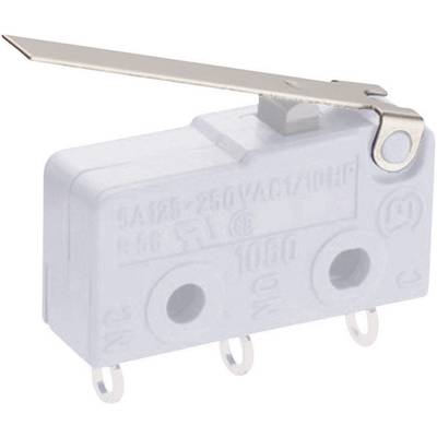 A white microswitchwith a metal lever that has three terminal contacts underneath.