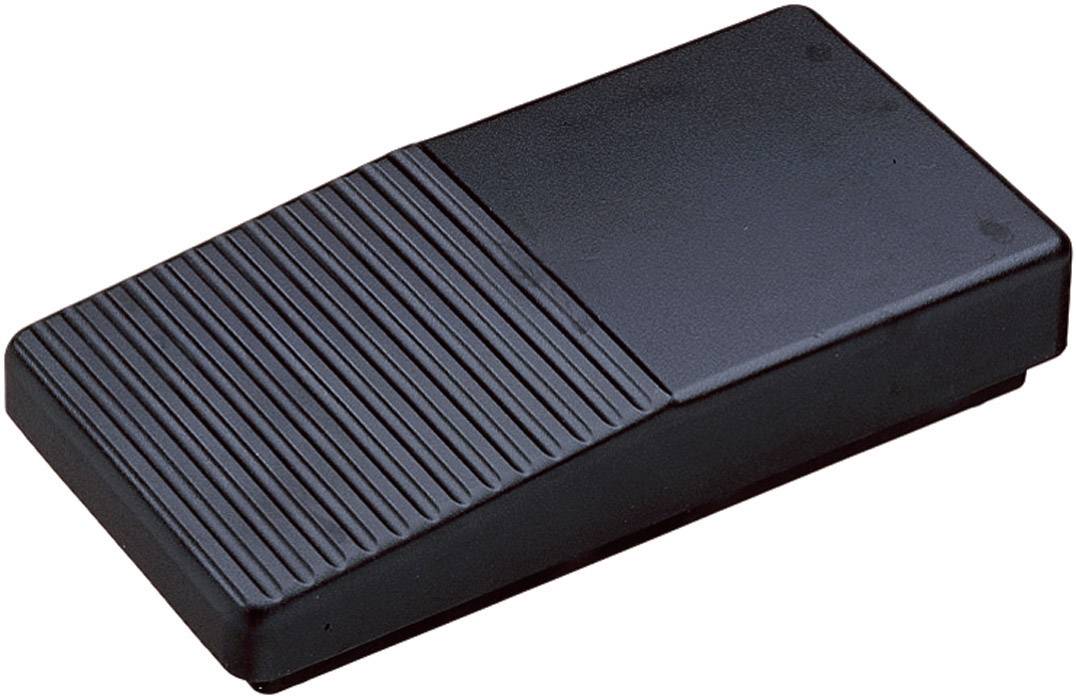 A rectangular, black pedal with a ridged surface on the left side. Function: Foot control in machines or devices.