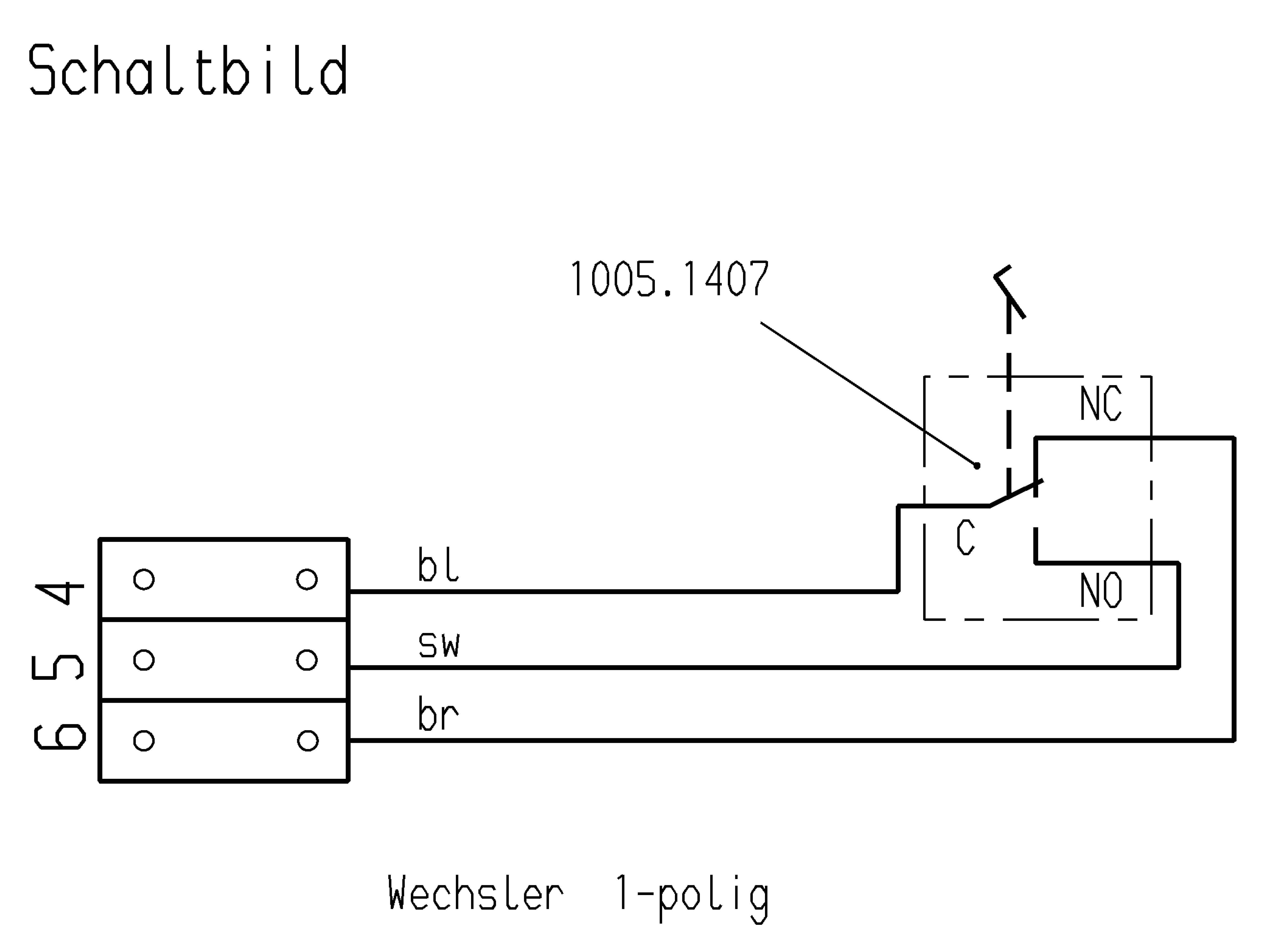 Circuit diagram shows a single-pole changeover switch with terminals 6, 5, 4. Top right contains NO and NC contacts. C is the common terminal.