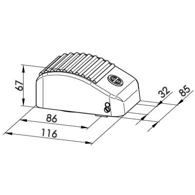 Technical drawing of a rectangular component with a dimpled top. Dimensions: 116 mm length, 85 mm width, 67 mm height.