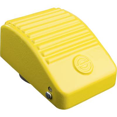 Yellow, ribbed foot pedal with a circular logo. Used in industrial or ergonomic environments for machine control.