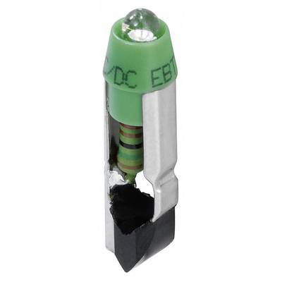 Close-up of a green plug fuse adapter with visible resistance colour code inside, against a white background.