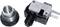 The image depicts a metal mounting connector and an electrical switch, both lying side by side on a neutral background.