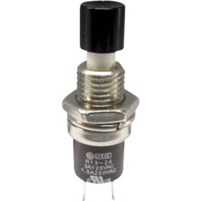 A black push-button switch with metal threading and two connection pins. Suitable for 1.5A at 250VAC, model number R13-24.