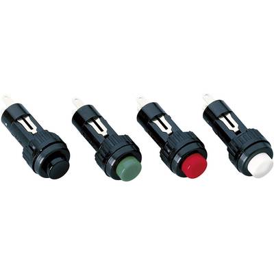 Four round switches in black, green, red and white side by side on a white background. Each switch has a metal plug.