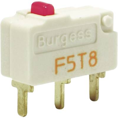 'Burgess F5T8' micro-switch with red button and three metal terminals. Suitable for electronic applications.